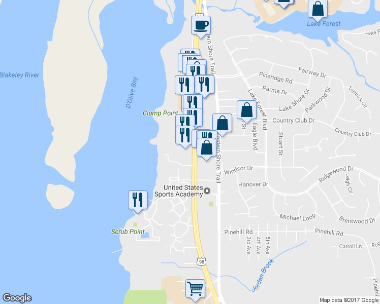 map of restaurants, bars, coffee shops, grocery stores, and more near 28683 Highway 42 in Daphne