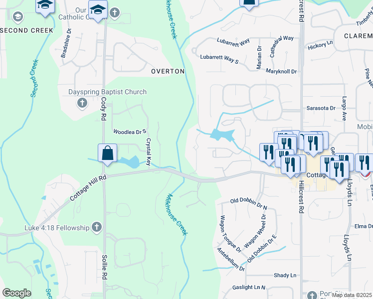 map of restaurants, bars, coffee shops, grocery stores, and more near 2251 Pesnell Court in Mobile