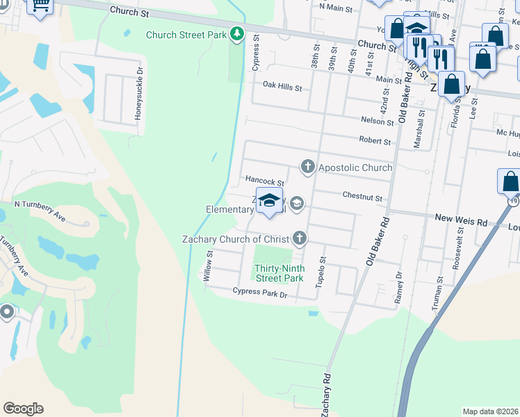 map of restaurants, bars, coffee shops, grocery stores, and more near 3720 Cedar Street in Zachary