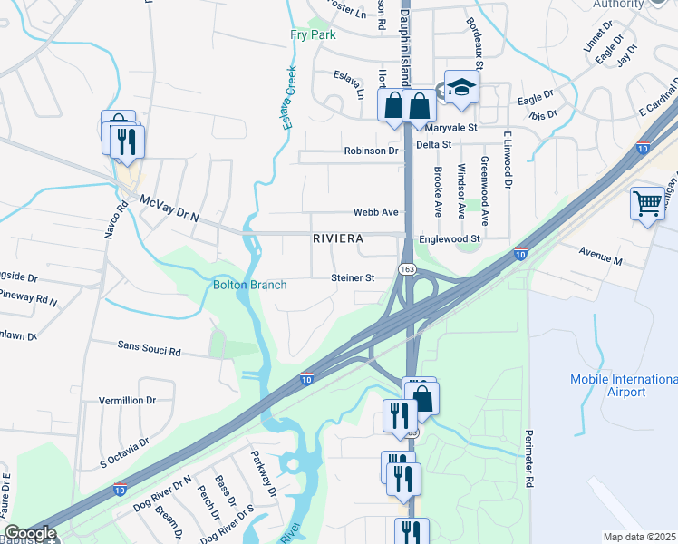 map of restaurants, bars, coffee shops, grocery stores, and more near 2112 Steiner Street in Mobile