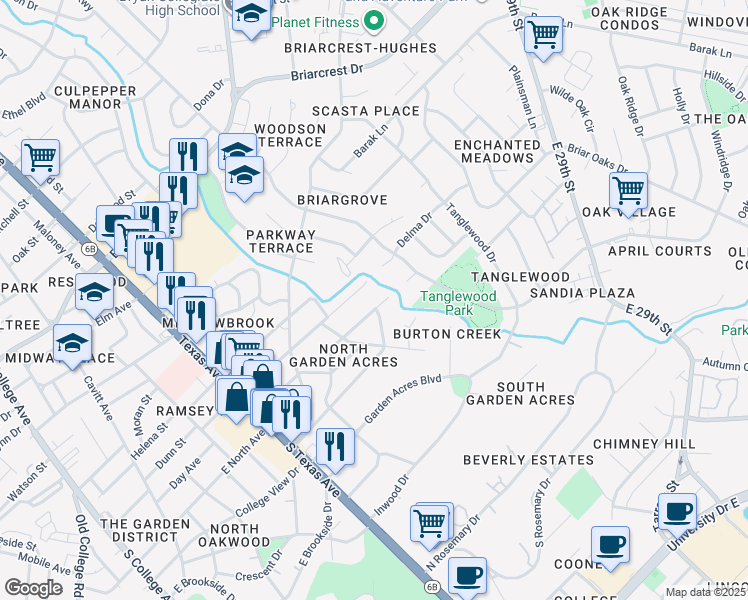 map of restaurants, bars, coffee shops, grocery stores, and more near 1114 Edgewood Drive in Bryan
