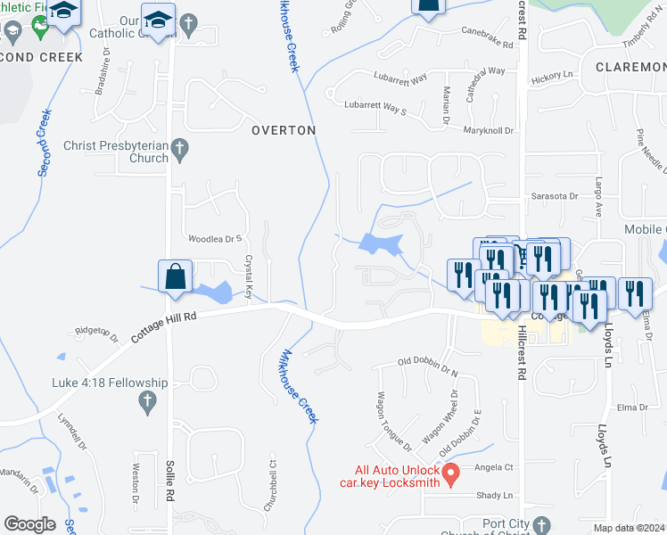 map of restaurants, bars, coffee shops, grocery stores, and more near 2251 Pesnell Court in Mobile