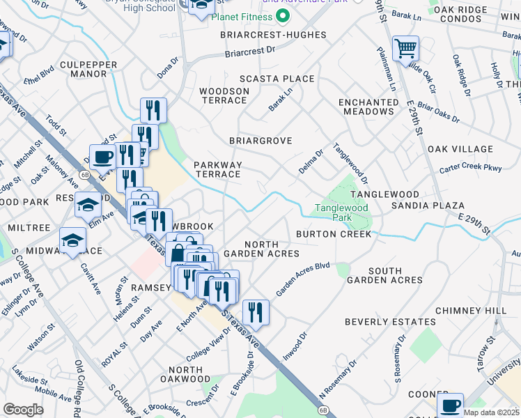 map of restaurants, bars, coffee shops, grocery stores, and more near 904 Lazy Lane in Bryan