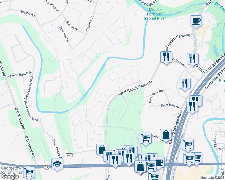 map of restaurants, bars, coffee shops, grocery stores, and more near 3821 Mercer Road in Georgetown