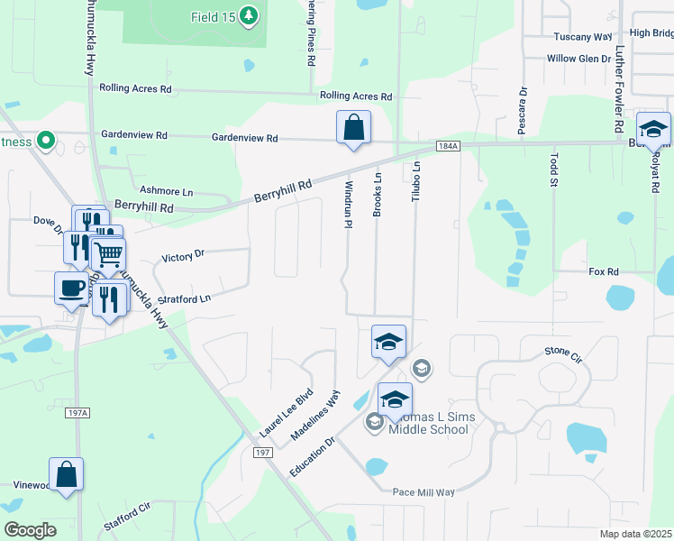 map of restaurants, bars, coffee shops, grocery stores, and more near 5647 Windrun Place in Pace