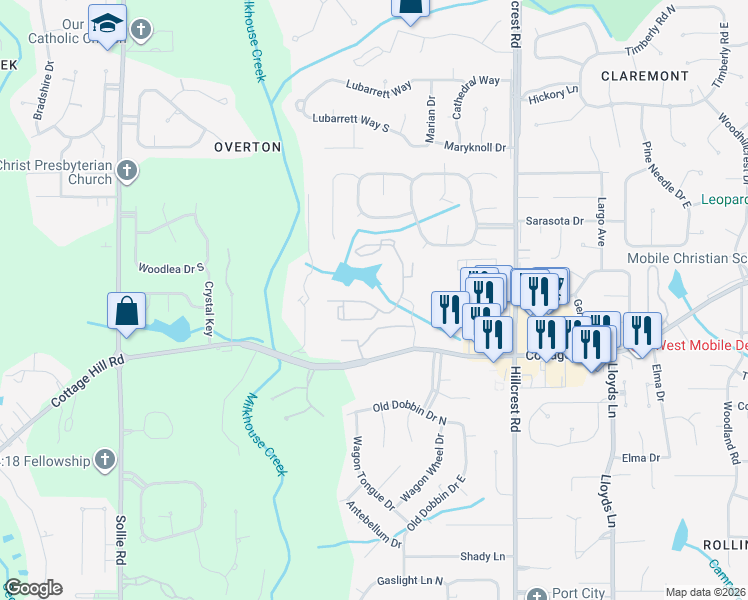 map of restaurants, bars, coffee shops, grocery stores, and more near 6650 Cottage Hill Road in Mobile