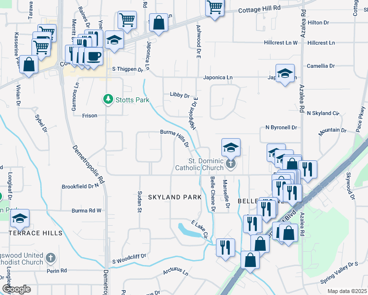 map of restaurants, bars, coffee shops, grocery stores, and more near 2312 Burma Hills Drive in Mobile