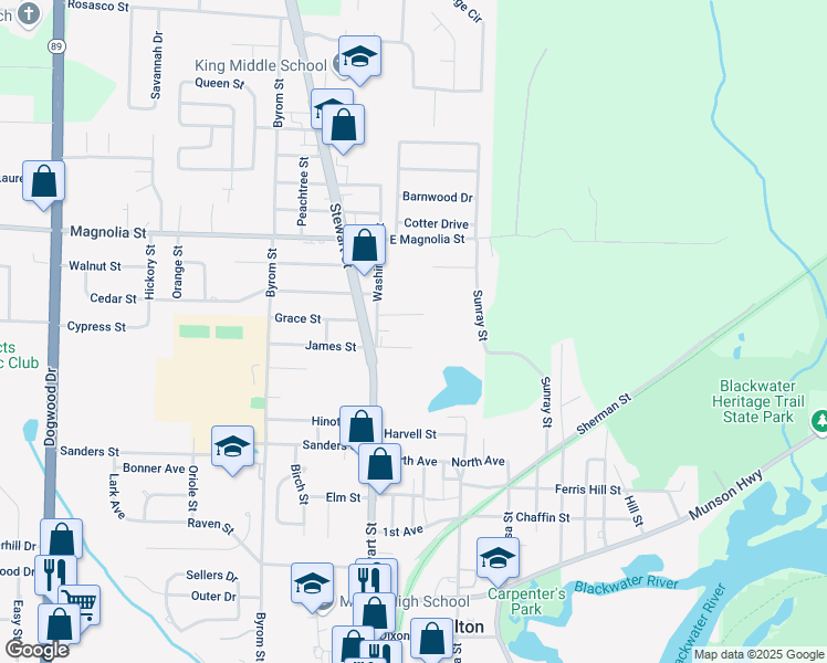 map of restaurants, bars, coffee shops, grocery stores, and more near 6126 East James Street in Milton