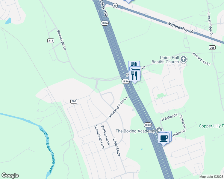 map of restaurants, bars, coffee shops, grocery stores, and more near 145 Barn Owl Loop in Leander