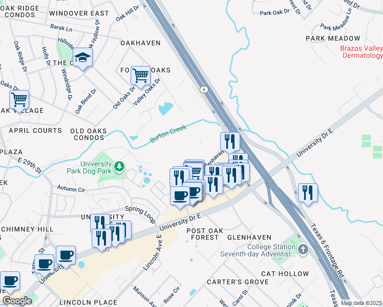map of restaurants, bars, coffee shops, grocery stores, and more near 516 Forest Drive Loop in College Station