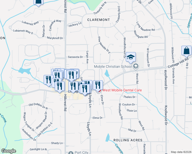 map of restaurants, bars, coffee shops, grocery stores, and more near 2301 Christopher Drive East in Mobile