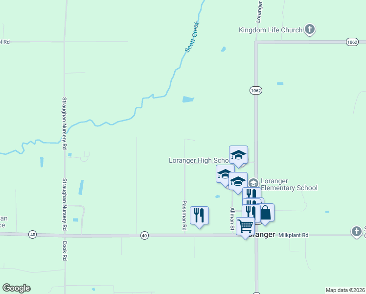 map of restaurants, bars, coffee shops, grocery stores, and more near 54225 Passman Road in Loranger