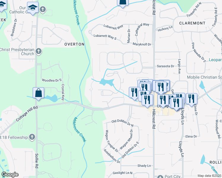 map of restaurants, bars, coffee shops, grocery stores, and more near 6650 Cottage Hill Road in Mobile