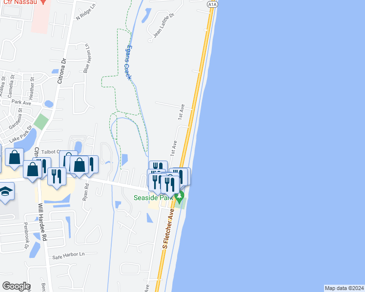 map of restaurants, bars, coffee shops, grocery stores, and more near 1761 South Fletcher Avenue in Fernandina Beach
