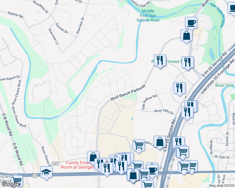 map of restaurants, bars, coffee shops, grocery stores, and more near 3716 Mercer Road in Georgetown