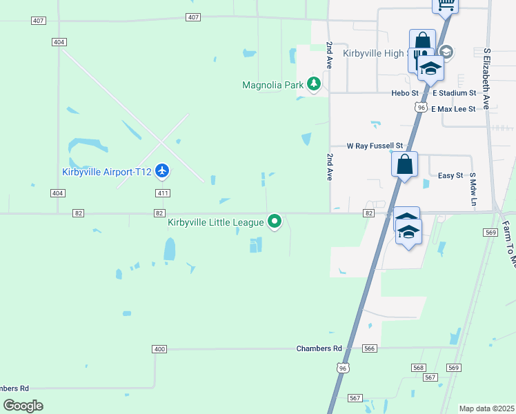 map of restaurants, bars, coffee shops, grocery stores, and more near 591 Farm to Market 82 in Kirbyville