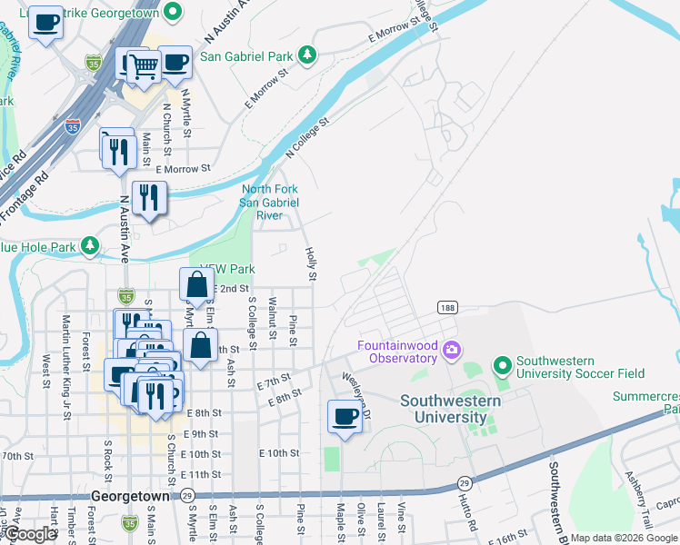 map of restaurants, bars, coffee shops, grocery stores, and more near 1404 East 3rd Street in Georgetown