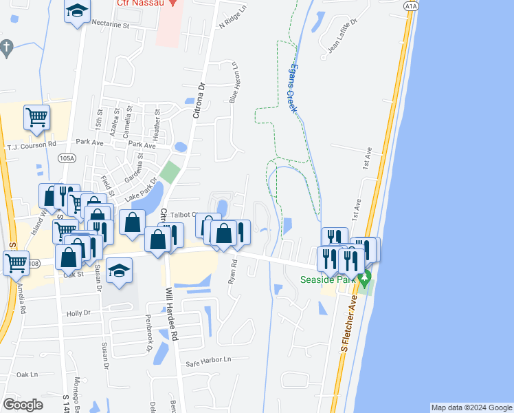 map of restaurants, bars, coffee shops, grocery stores, and more near 1949 Amelia Oaks Drive in Fernandina Beach