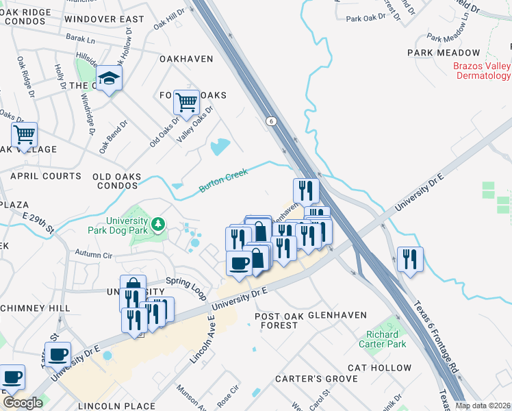 map of restaurants, bars, coffee shops, grocery stores, and more near 516 Forest Drive in College Station