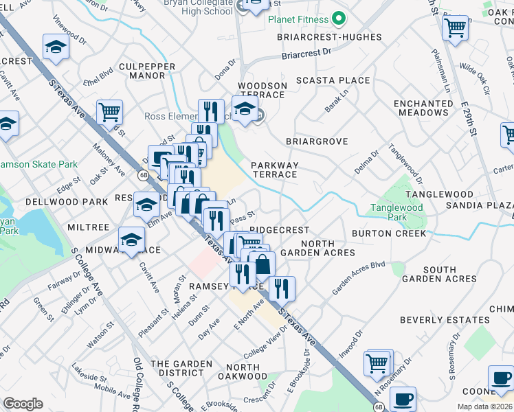 map of restaurants, bars, coffee shops, grocery stores, and more near 803 Meadow Lane in Bryan