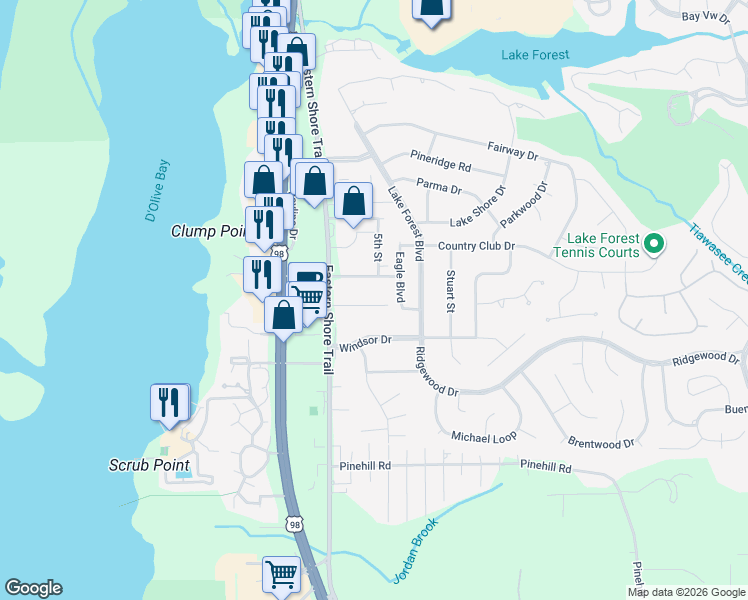 map of restaurants, bars, coffee shops, grocery stores, and more near 550 Jackson Street in Daphne