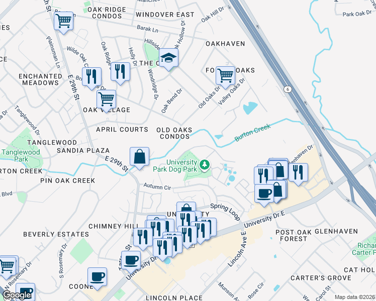 map of restaurants, bars, coffee shops, grocery stores, and more near Winter Park in College Station