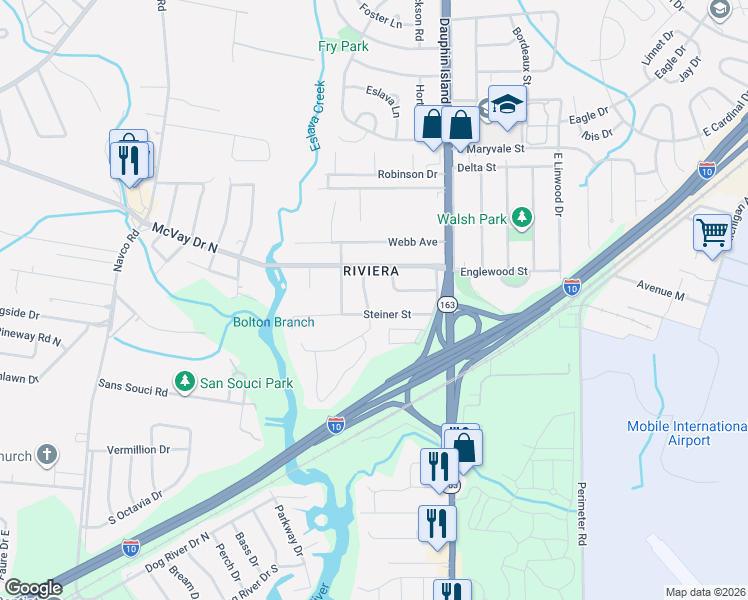map of restaurants, bars, coffee shops, grocery stores, and more near 2106 Steiner Street in Mobile