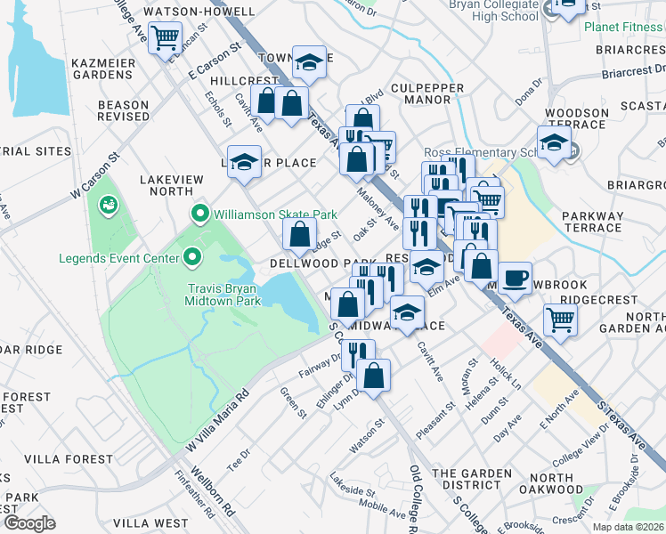 map of restaurants, bars, coffee shops, grocery stores, and more near 202 Dellwood Street in Bryan