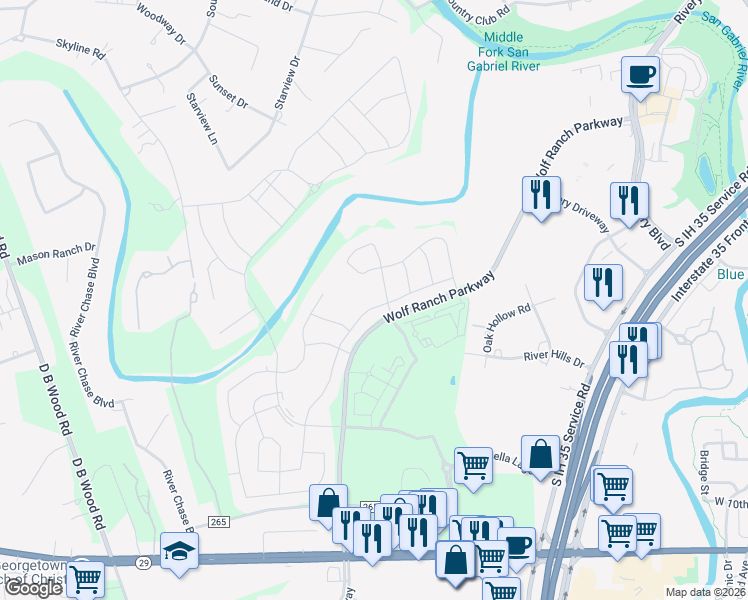 map of restaurants, bars, coffee shops, grocery stores, and more near 3821 Mercer Road in Georgetown