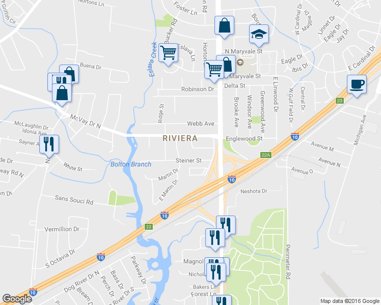 map of restaurants, bars, coffee shops, grocery stores, and more near 2069 South McVay Drive in Mobile