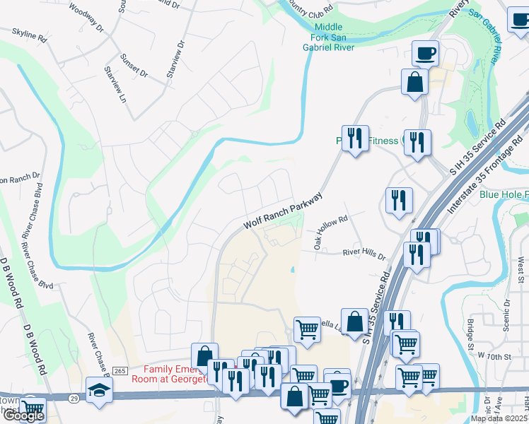 map of restaurants, bars, coffee shops, grocery stores, and more near 3716 Mercer Road in Georgetown