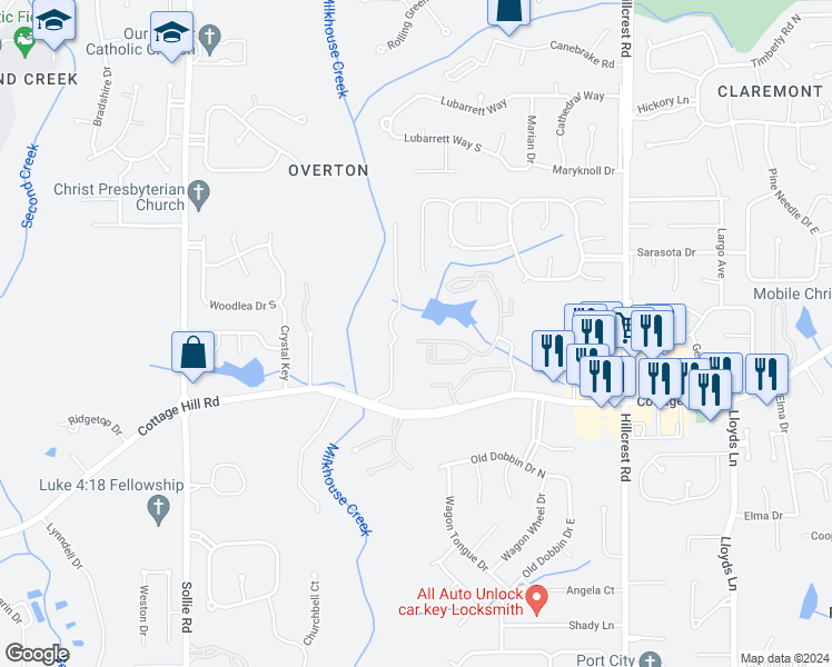map of restaurants, bars, coffee shops, grocery stores, and more near 6700 Cottage Hill Road in Mobile