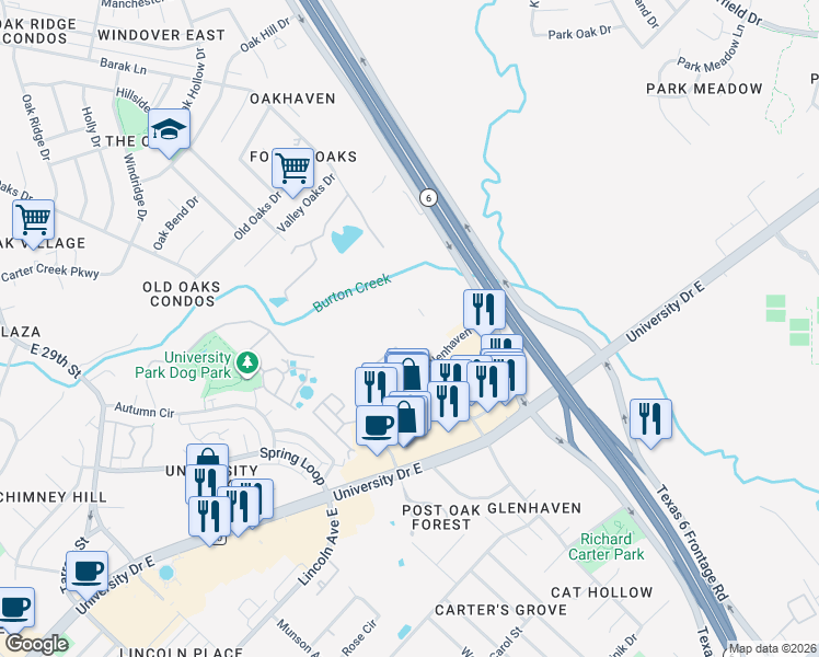 map of restaurants, bars, coffee shops, grocery stores, and more near 516 Forest Drive in College Station