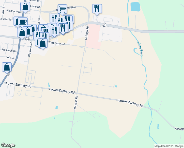 map of restaurants, bars, coffee shops, grocery stores, and more near 6381 Woodland in Zachary