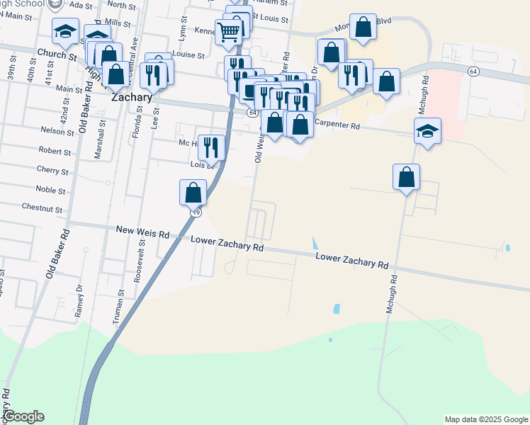 map of restaurants, bars, coffee shops, grocery stores, and more near 3835 Old Weis Road in Zachary