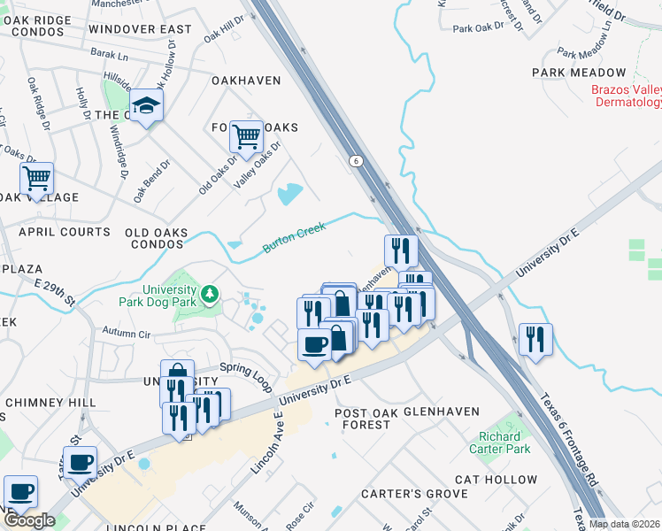map of restaurants, bars, coffee shops, grocery stores, and more near 516 Forest Drive in College Station