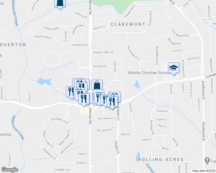 map of restaurants, bars, coffee shops, grocery stores, and more near 6263 Christopher Drive North in Mobile
