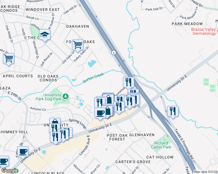 map of restaurants, bars, coffee shops, grocery stores, and more near 516 Forest Drive in College Station