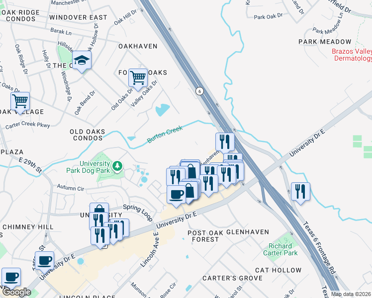 map of restaurants, bars, coffee shops, grocery stores, and more near 516 Forest Drive in College Station