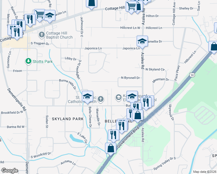 map of restaurants, bars, coffee shops, grocery stores, and more near 1179 Burma Road in Mobile