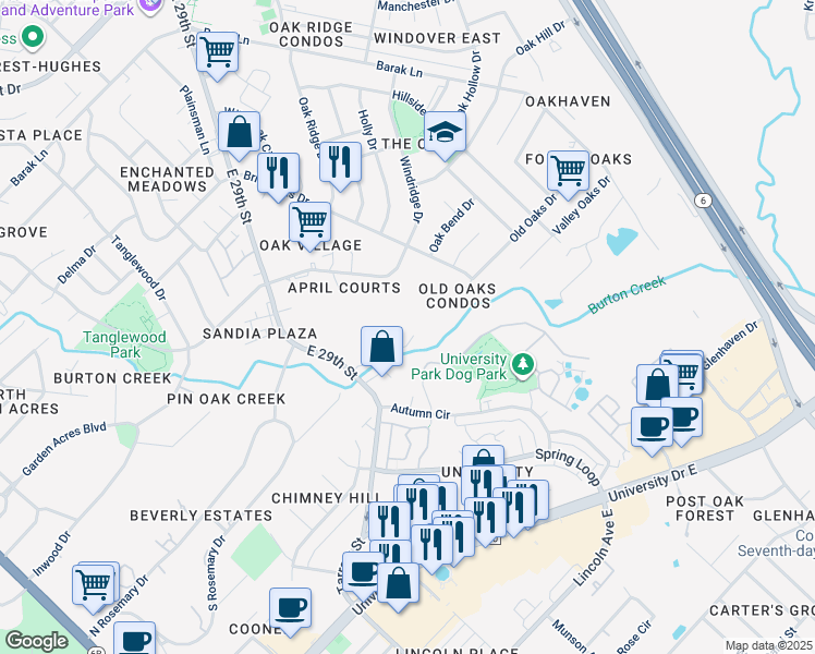 map of restaurants, bars, coffee shops, grocery stores, and more near Winter Park in College Station
