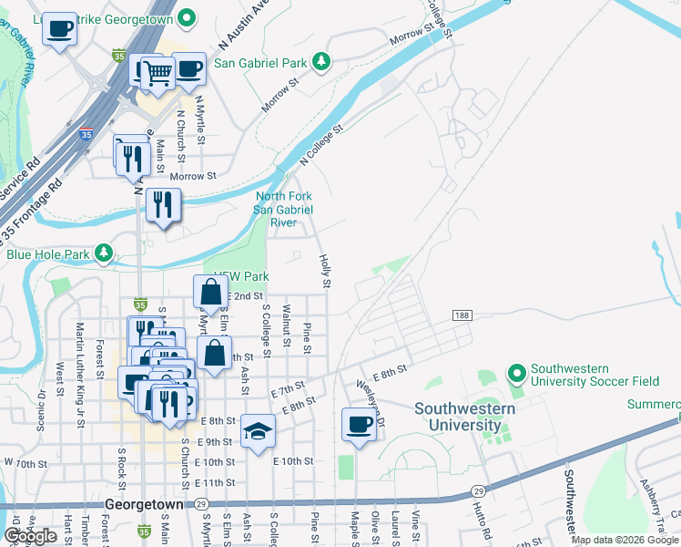 map of restaurants, bars, coffee shops, grocery stores, and more near 1404 East 3rd Street in Georgetown