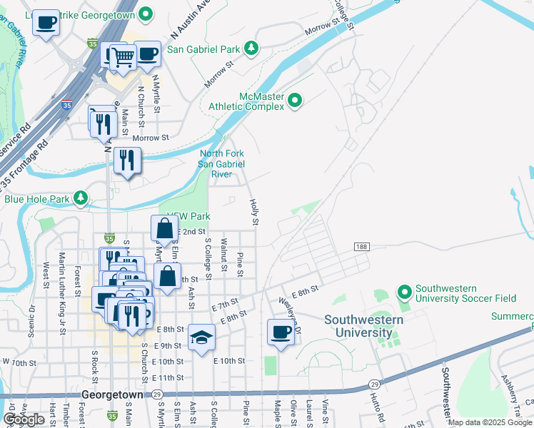 map of restaurants, bars, coffee shops, grocery stores, and more near 1404 East 3rd Street in Georgetown