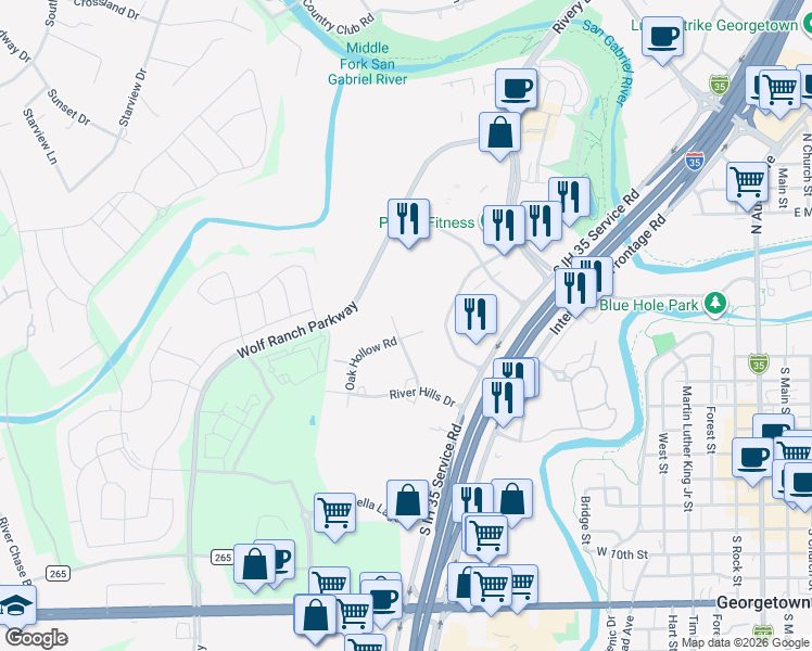 map of restaurants, bars, coffee shops, grocery stores, and more near 112 North Hillview Drive in Georgetown