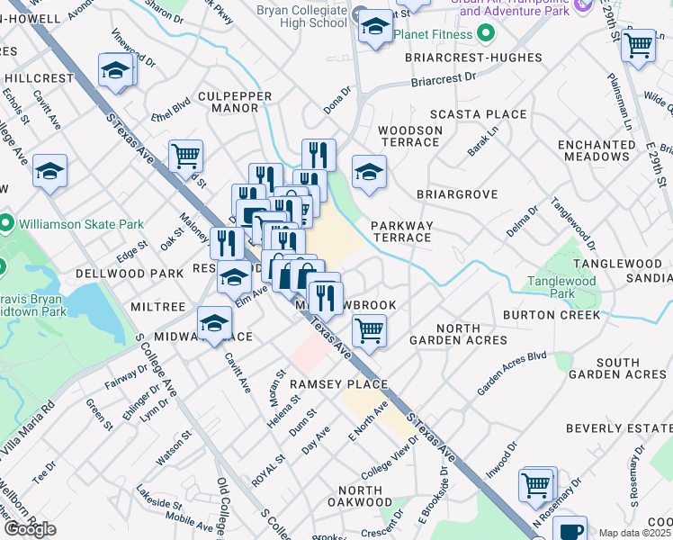 map of restaurants, bars, coffee shops, grocery stores, and more near 719 Meadow Lane in Bryan