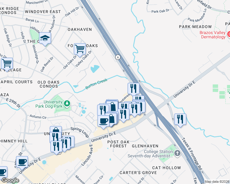 map of restaurants, bars, coffee shops, grocery stores, and more near 516 Forest Drive in College Station