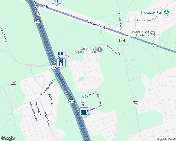 map of restaurants, bars, coffee shops, grocery stores, and more near 105 Parryi Cove in Leander