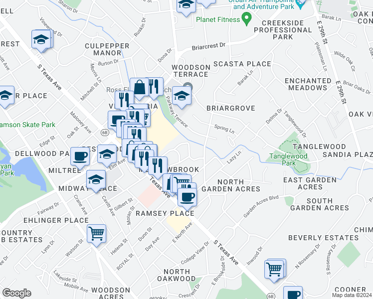 map of restaurants, bars, coffee shops, grocery stores, and more near 749 Meadow Lane in Bryan