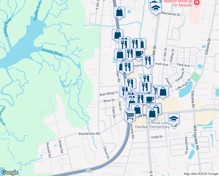 map of restaurants, bars, coffee shops, grocery stores, and more near 713 Geiger Road in Fernandina Beach