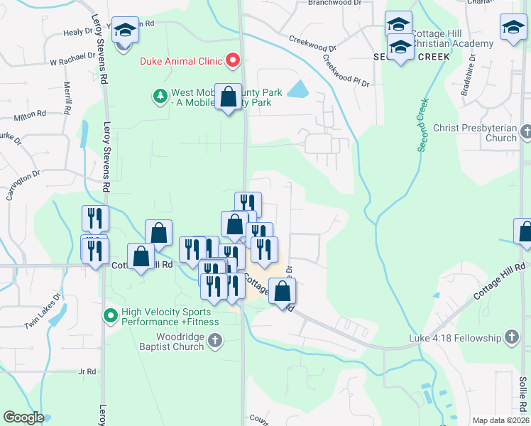 map of restaurants, bars, coffee shops, grocery stores, and more near 2287 Schillinger Road South in Mobile